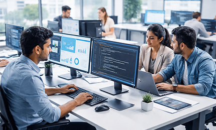 Custom software development team working on business applications