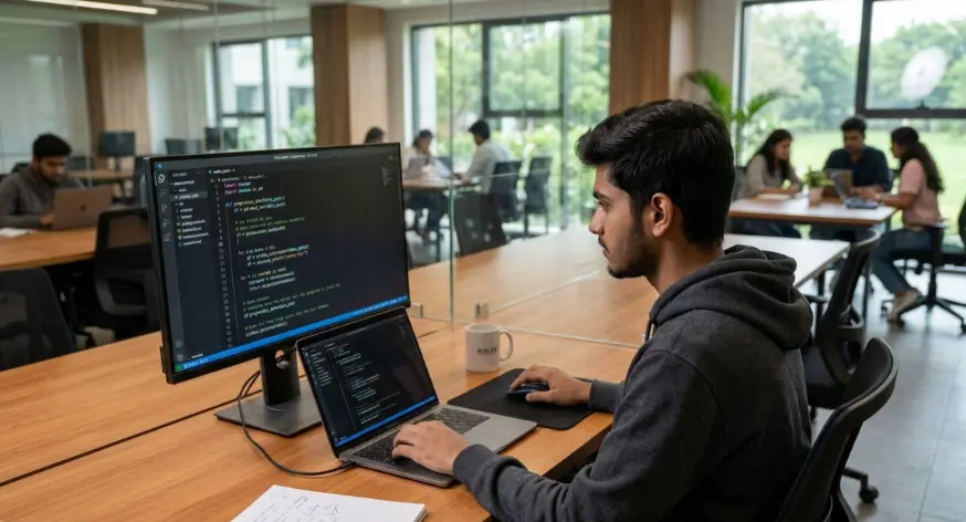 Data analyst working with data science tools and analytical reports